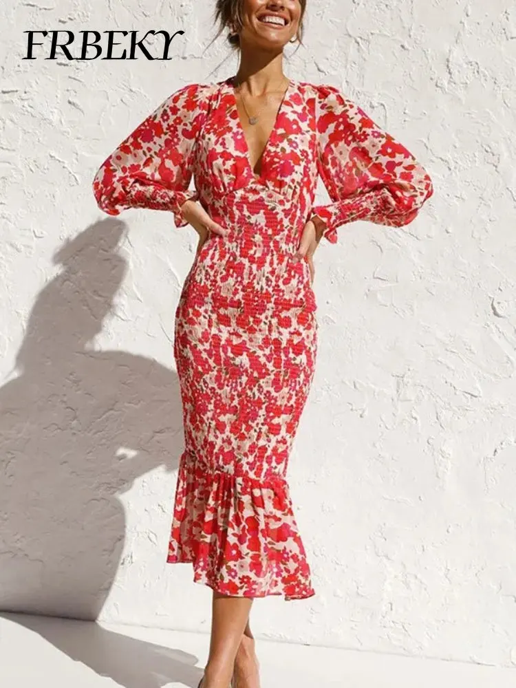 

Women's Dress Spring Summer Temperament Elastic Waist Long Sleeved V Neck Printed Ruffle Dress Vestidos De Tricô Femenino
