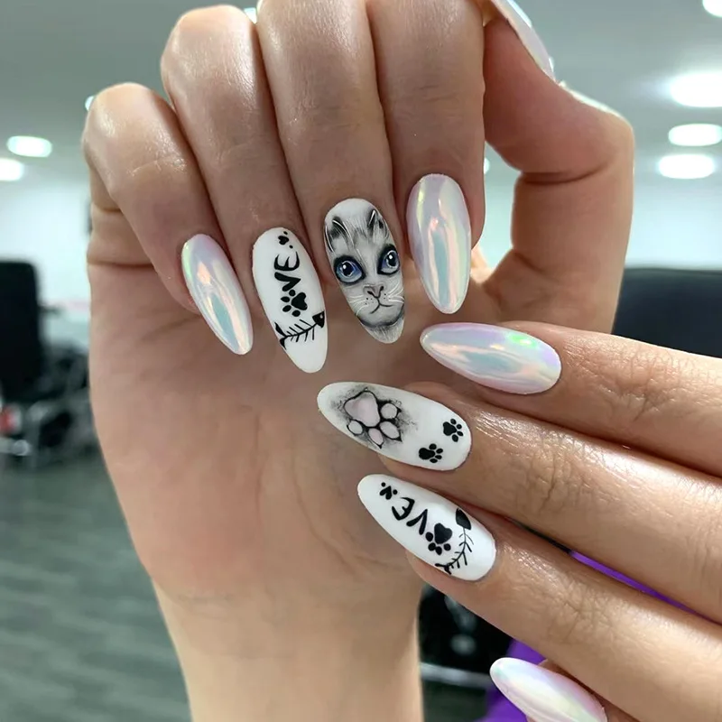 

24pcs Halloween Clown Nails Sticker Sketch Aurora Cat Almond Dark False Nails Artificial Nails Full Cover Wearable