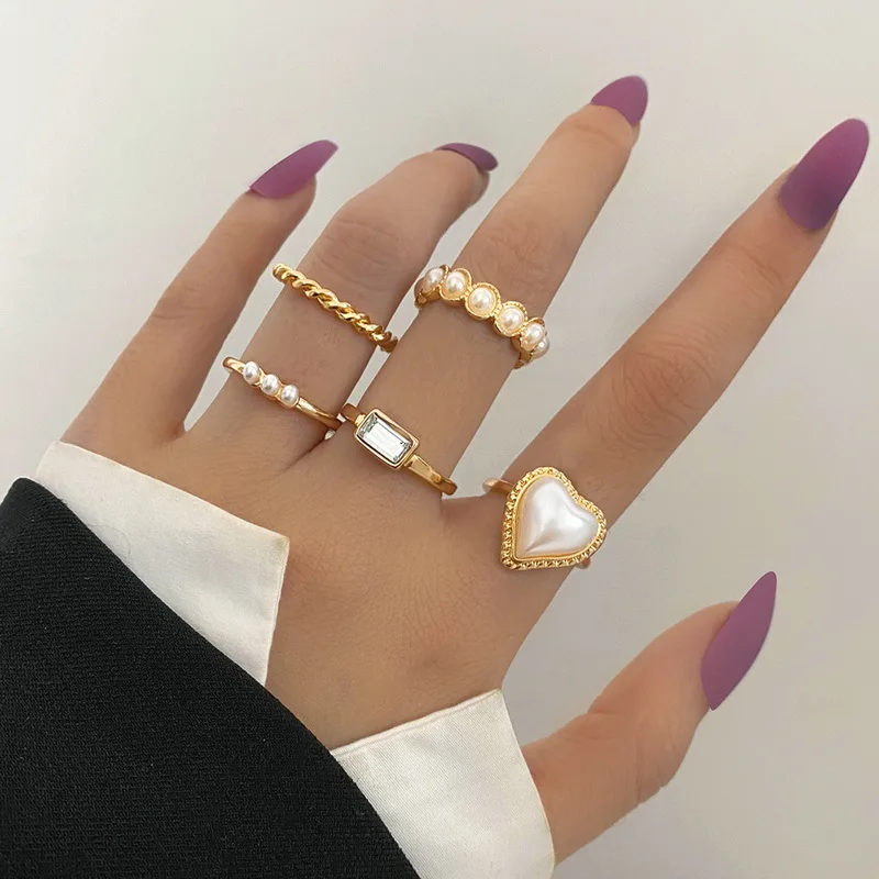 

Korean Heart Ring Set for Women Vintage Punk Geometric Metal Water Drop Flower Pearl Beads Knuckle Finger Jewelry Gift Anillo