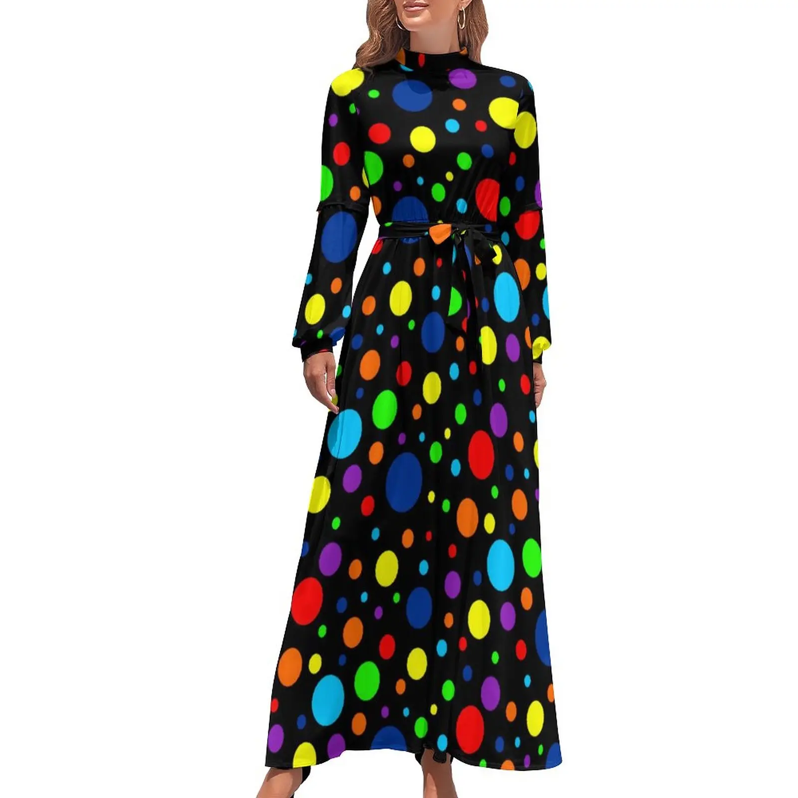 

Rainbow Spots Dress Polka Dot Print Kawaii Maxi Dress Korean Fashion Boho Beach Long Dresses High Waist Pattern Vestidos