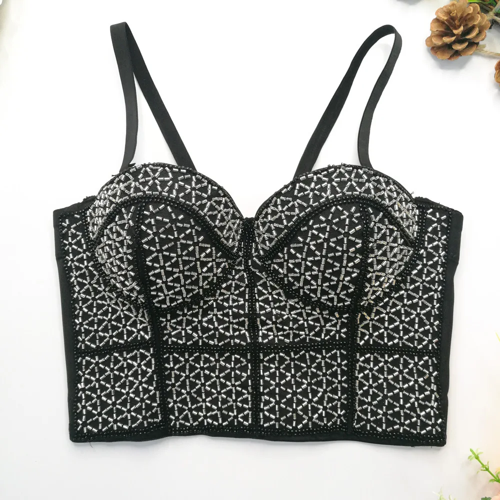 

Sexy Black Corset Beading Camisole Women Backless Fashion Bustier Crop Top Festival Clothing Gathered Push up Bra Tank Tops