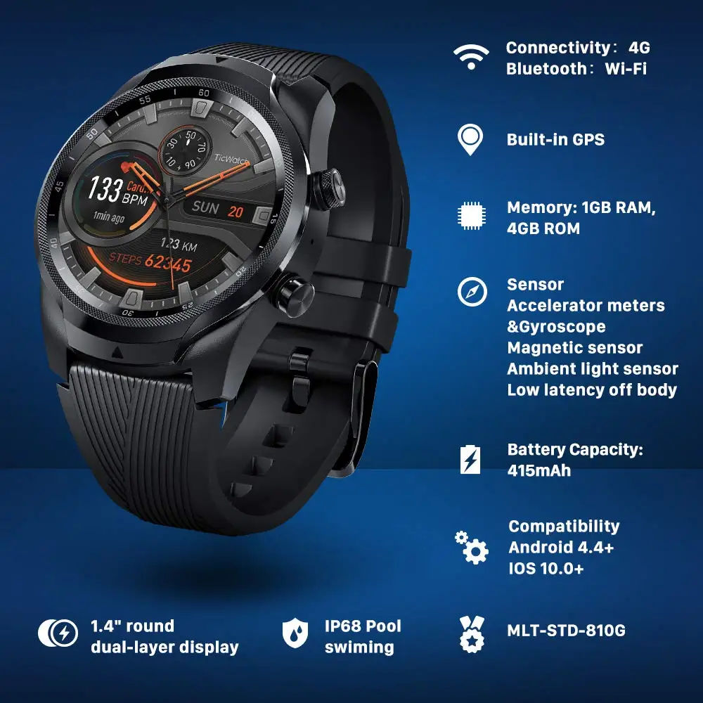 TicWatch Pro 4G/LTE версия для США (восстановленная) Verizon Wear OS 1 ГБ ОЗУ отслеживание сна IP68