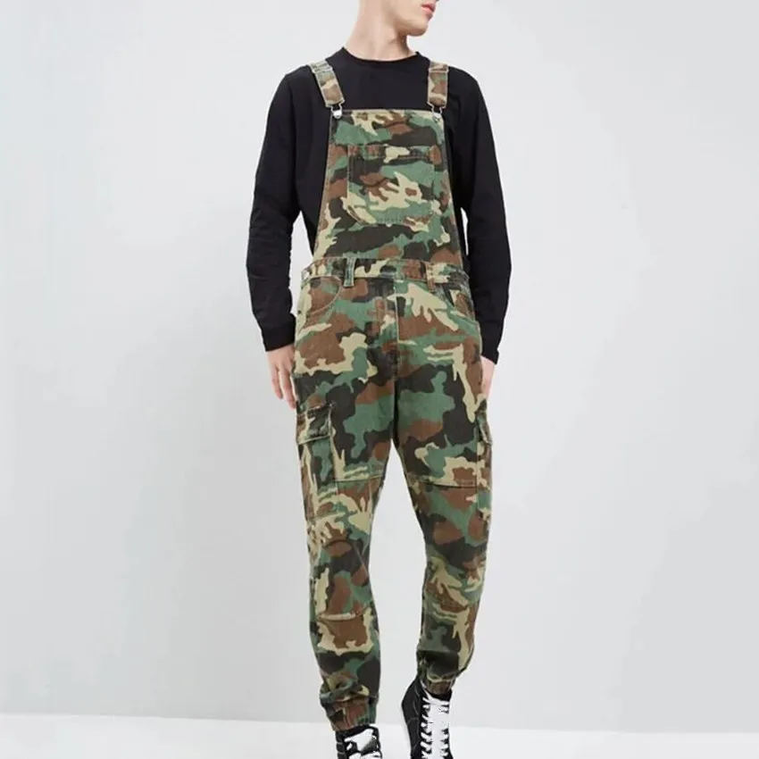 Stylish Mens Denim Camouflage High-waisted Strap Overalls Camo Combat Jumpsuit Casual Pants High Street Pockets Jeans