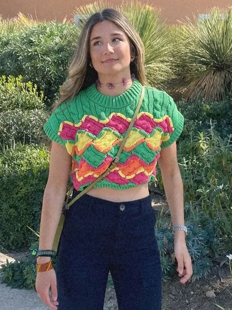 Модный укороченный вязаный свитер жилет женский элегантный пуловер с круглым