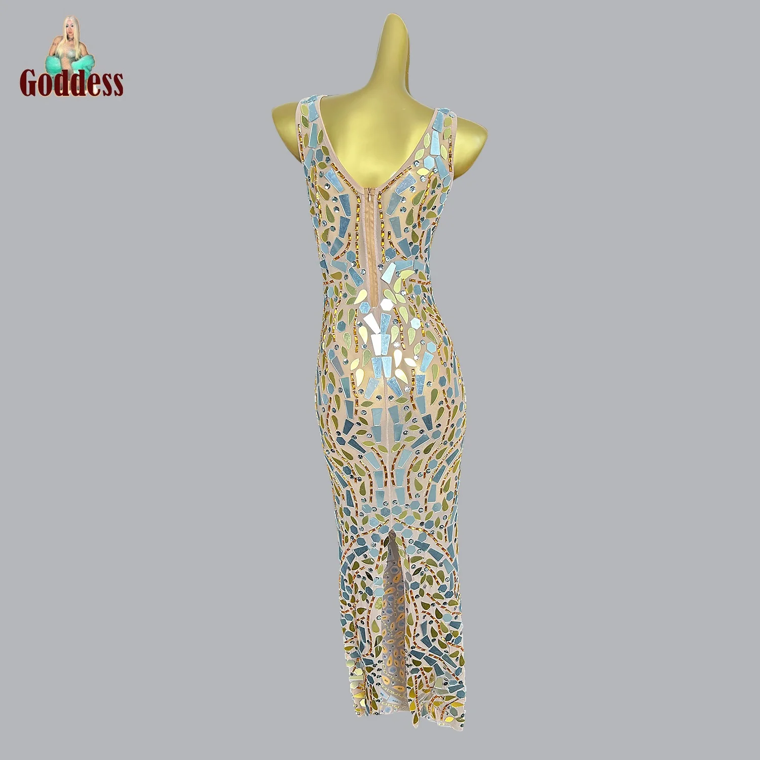 Блестящие зеркальные стразы сетчатое длинное платье телесного цвета вечернее