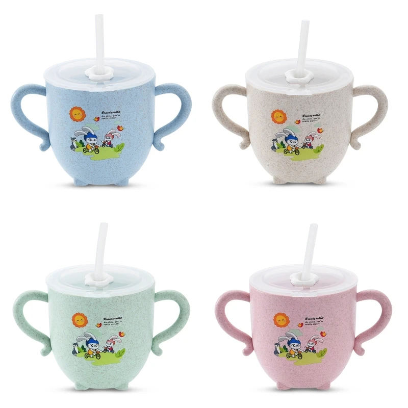 

Мультяшная детская чашка для воды с двойными ручками и соломинкой с крышкой для маленьких девочек и мальчиков Детский герметичный обучающи...
