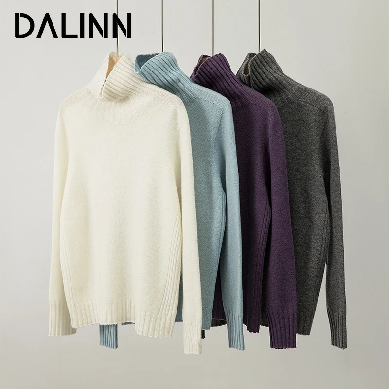 

Woman Turtleneck Pullovers 100%Sheep Wool Plain Knitted High Collar Warm Sweaters 2023 Fall Winter Basic Top White Blue DALINN