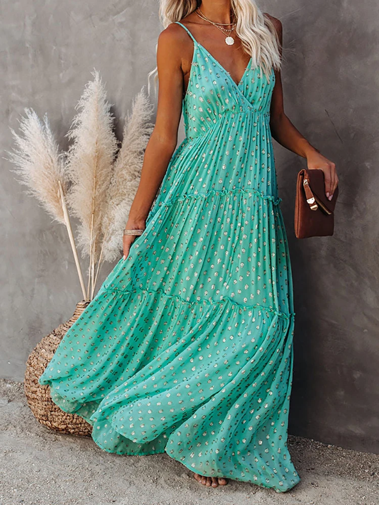 

Sleeveless V Neck Long Dress For Women Spaghetti Strap Summer Floor Length Dress Boho Pleated Loose Beach Dress Robe Femme