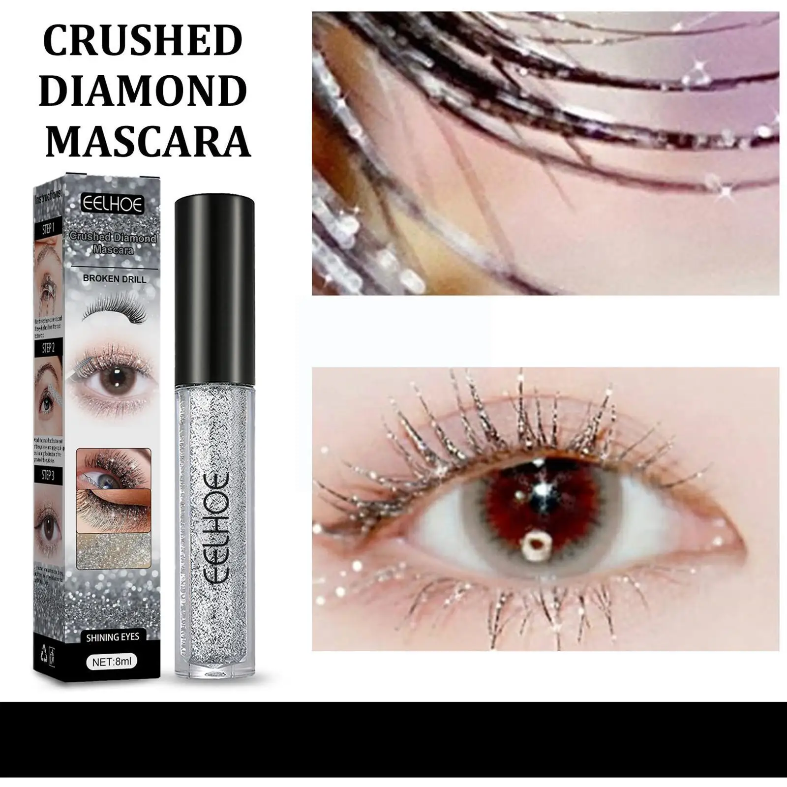 

Glitter Diamond Mascara Fast Dry Eyelashes Curls Extension Waterproof Long-lasting Make-up Lash Silver Mascara Eye Lengthen K6z8
