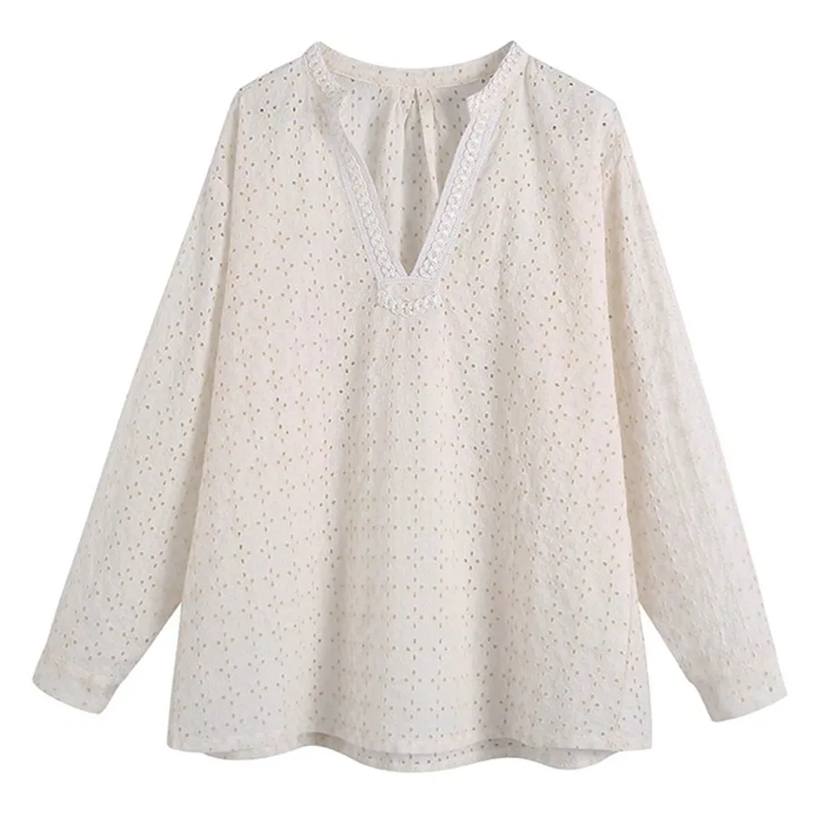 

Withered 2022 Indie Folk Hollow Out Embroidery V-neck Loose Pull Blouse Women Tops