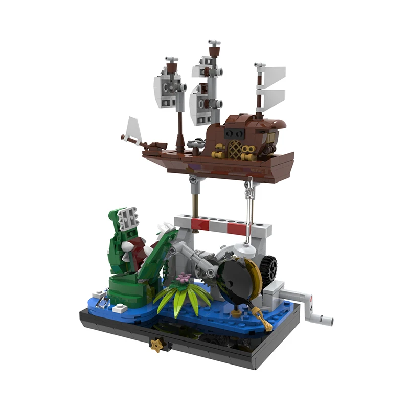 

High-tech Hand Crank Peter's Automata Pirate Boat Building Model Kit Neverland Adventure Crocodiles Ship Brick Model DIY Kid Toy