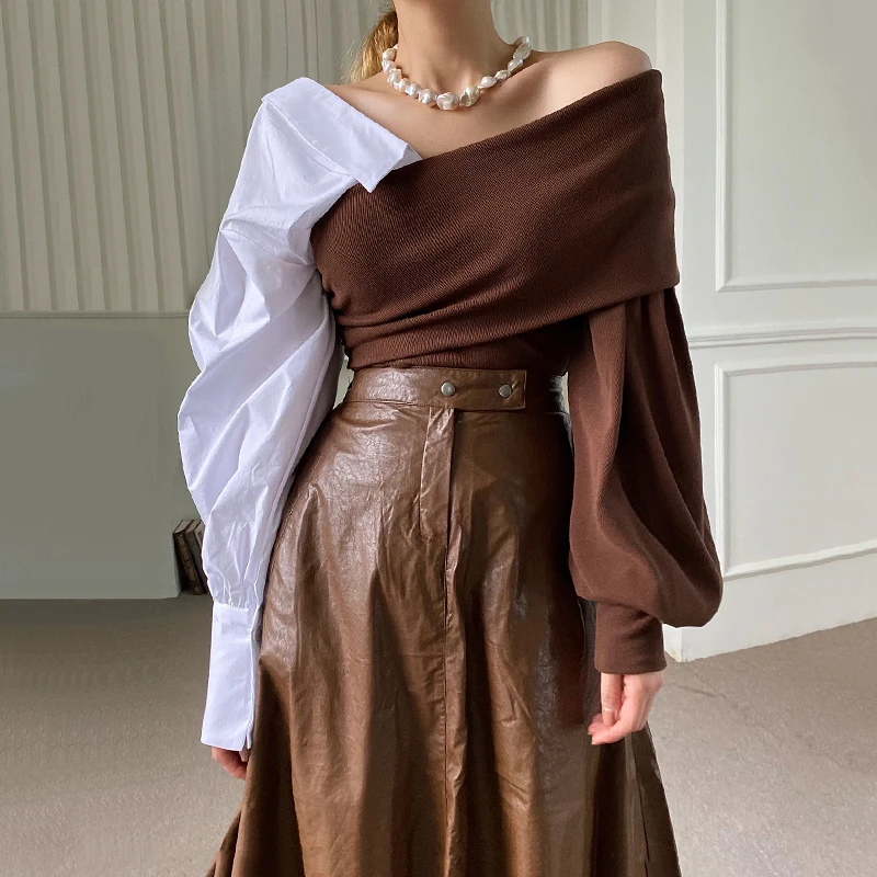 

Women's Fashion Puff Sleeve Patchwork Shirts Spring Autumn Tops