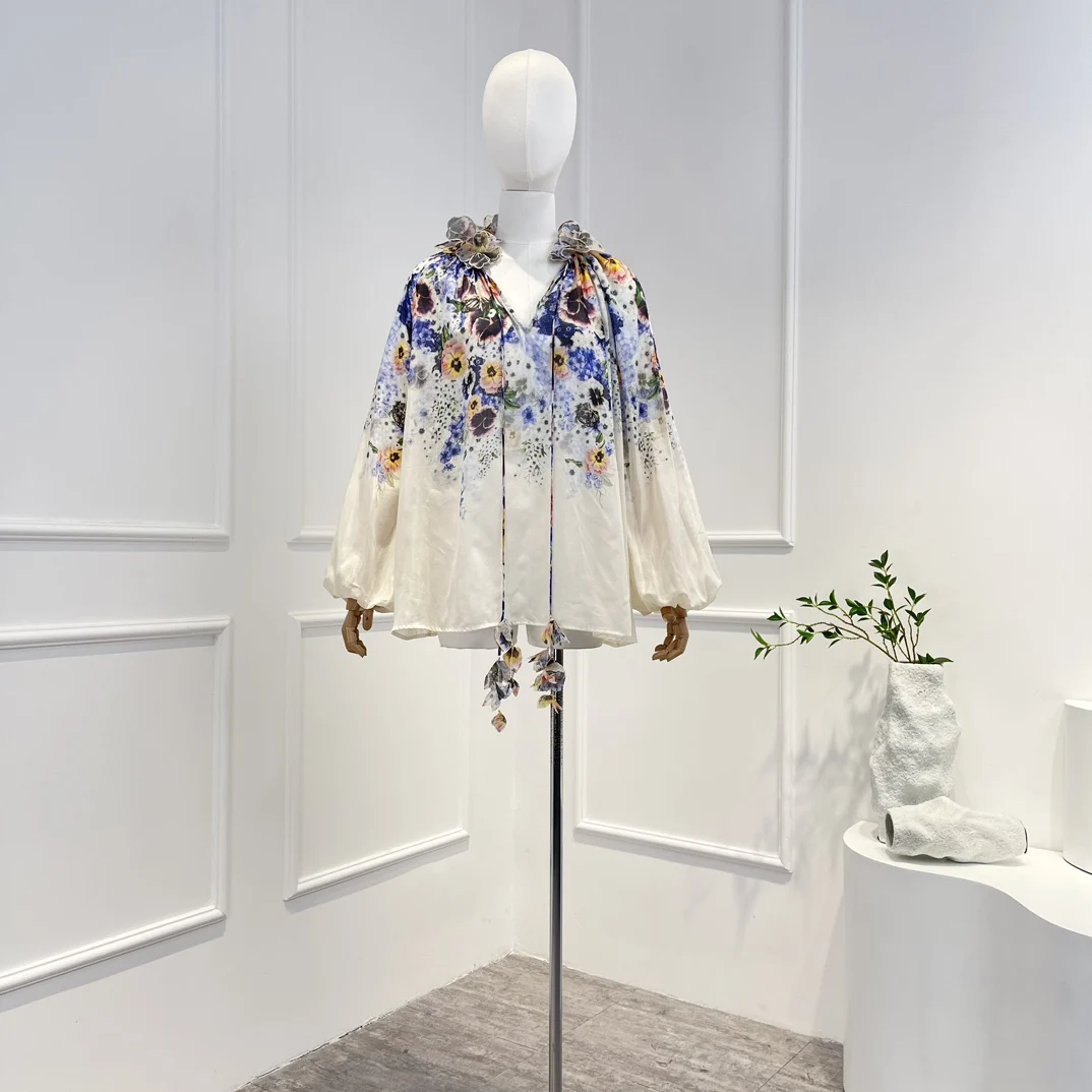 

2023 Top Quality New Arrivals Purple Blue Floral Printing Appliques Loose Blouse Women