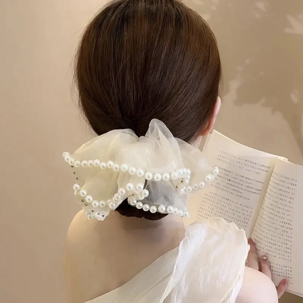 

Korean Organza Scrunchies Pearl Chiffon Hair Rope For Girls Ponytail Holder Hair Ties Elastic Rubber Band Women Hair Accessories