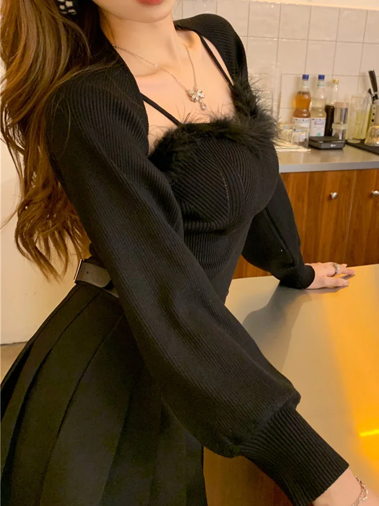 

Two Piece Tops for Women 2022 Autumn Spring Korean Tops Female Sweet Sexy Knitted Hollow Out Smock + Tank Tops Cardigan