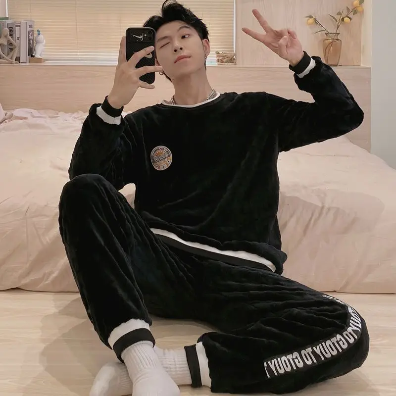 Men's Winter Warm Flannel Pajamas Set 2022 New Fashion Sleepwear Trousers Two-piece French Loose Nightwear Night Clothes Suit