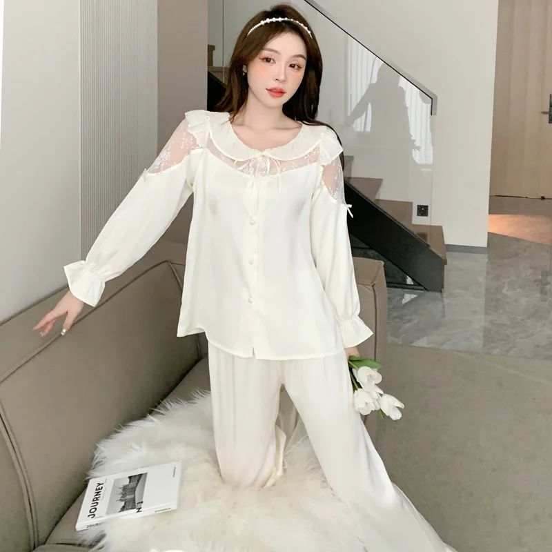 Lisacmvpnel Women's Spring And Summer Ice Silk Long Sleeve Set Pajamas French Court Style Home Clothes Sleepwear