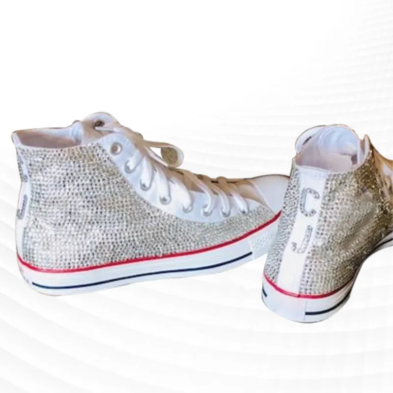

Rhinestone classic hand custom canvas shoes lace-up high top casual sports shoes men and women plus size 35-46