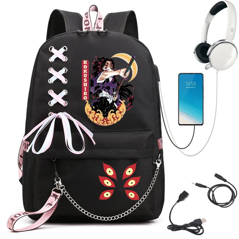 

Demon Slayer Kokushibo Eyes Women Backpack Usb Port Back Bag Kimetsu No Yaiba Girls School Backpack for Girl Student Schoolbag