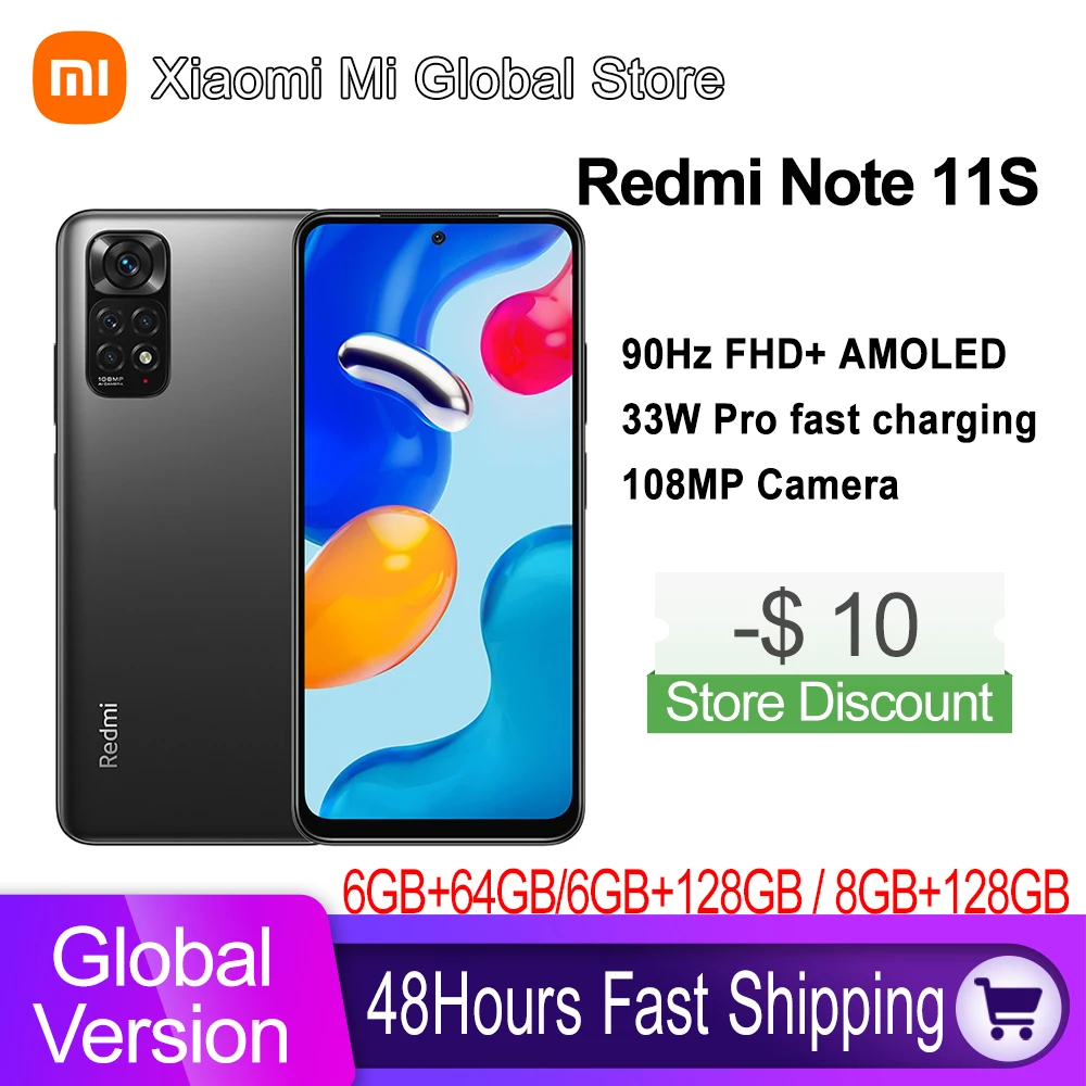 Global Version Xiaomi Redmi Note 11S 108MP Quad Cameras 33W Pro Fast Charging 90Hz FHD+ AMOLED 5000mAh 11 S Cellphone 64GB/128GB