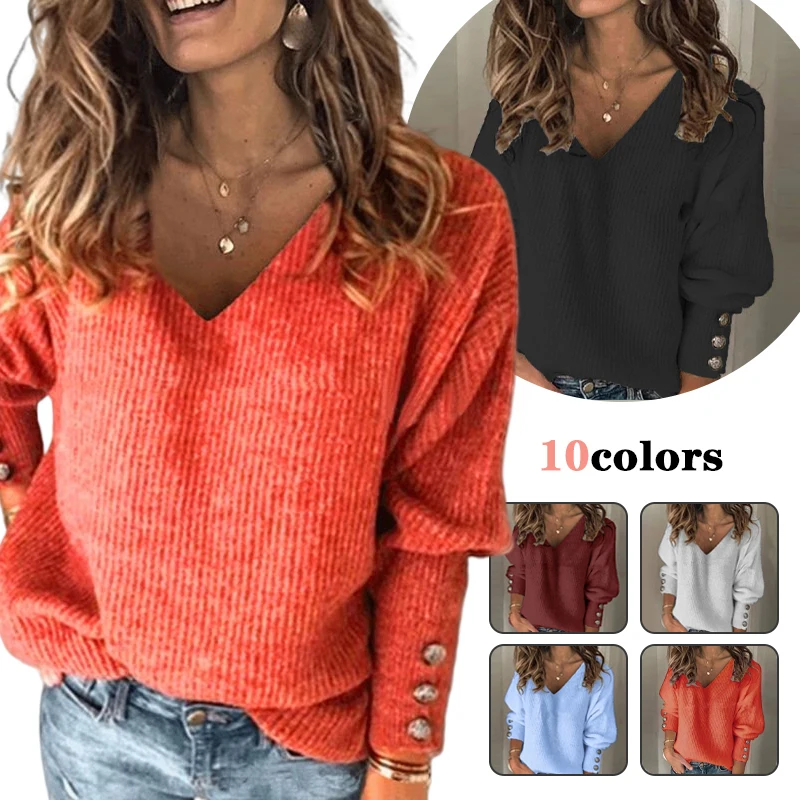 Womens Fall Clothes Trendy womens Cute Button Cowl Neck Solid Color Soft Asymmetric Wrap Knit Pullover Sweaters