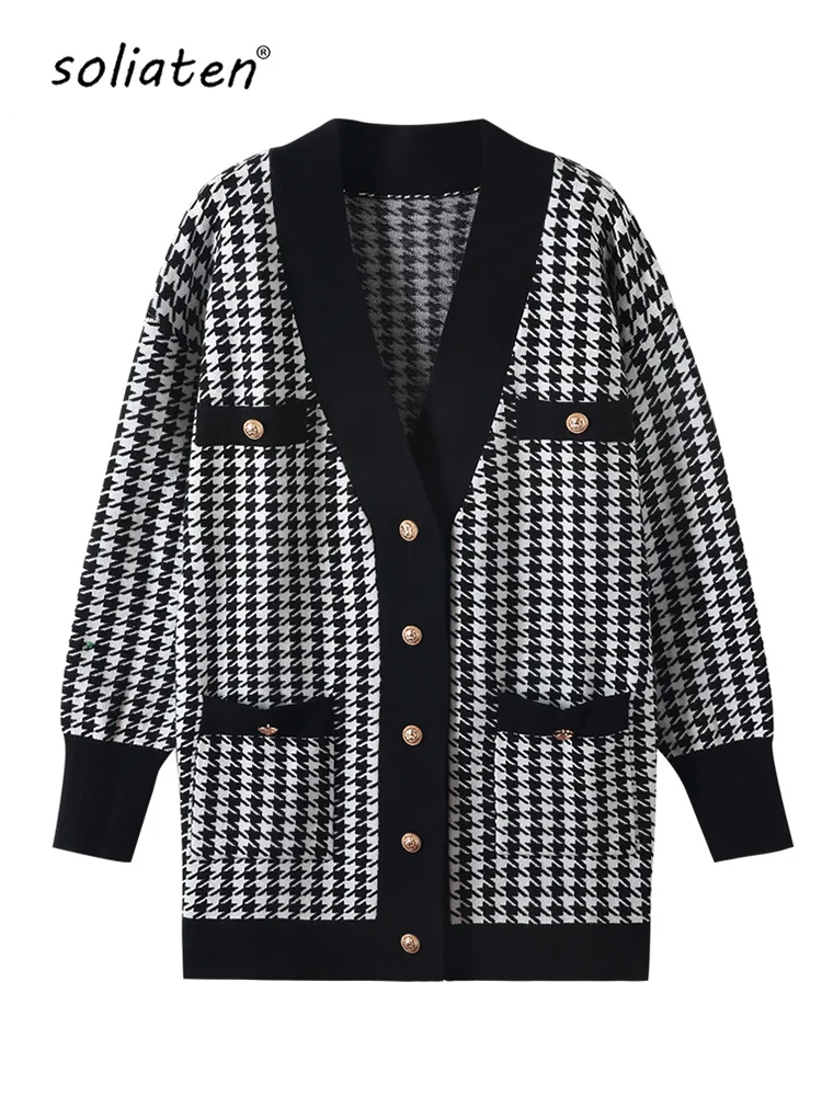 

Casual Long Knitted Pink Cardigan Female Autumn Winter Drop Shoulder Sweater Coat Basic Button Women's Houndstooth Tops C-162
