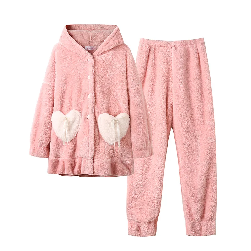 Sweet Lovely Pajamas Set Thick Warm Coral Fleece Homewear Winter Flannel Lounge Set Soft Plush Sleepwear Women Home Suit Pijama