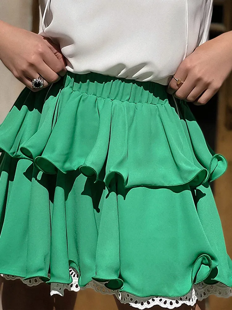 

Summer Ruffles Pleated Women's Mini Skirt Elegant Lace Splice High Waist Short Cake Skirt Female 2022 Girls Holiday A-Line Skirt