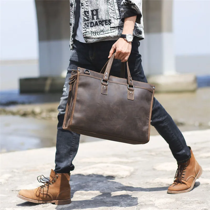 Retro fashion designer natural real cowhide men's large-capacity briefcase daily work Crazy horse cowhide shoulder messenger bag