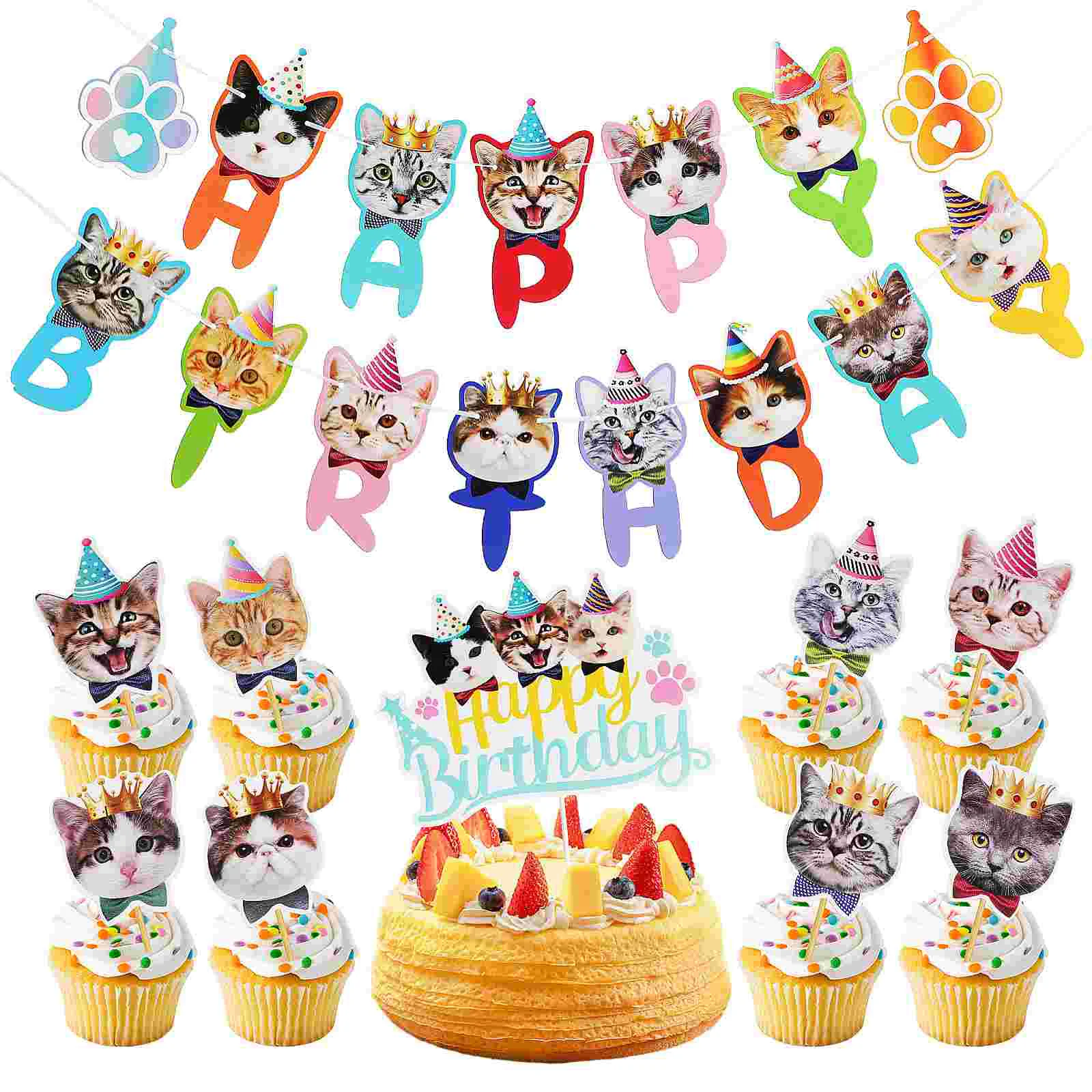 

1 Set Cat Birthday Decoration Cat Cake Topper Cat Banner Cat Themed Birthday Party Supplies