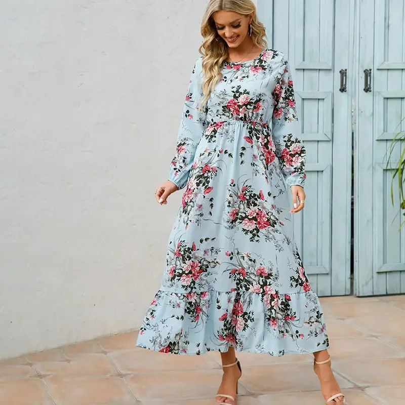

2023 Long-sleeved Long Dress Autumn and Winter Elegant Printed Round Neck Floral Dress for Women