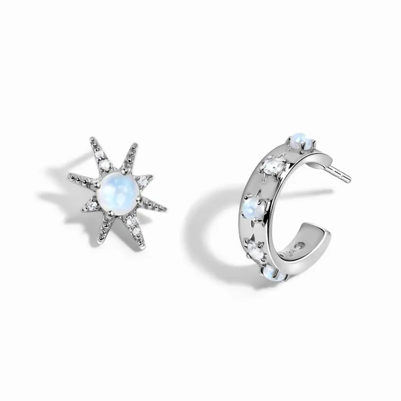 

2023 Japan and South Korea Sterling Silver S925 Asymmetric Six Star C Moonlight Stone Earrings Women's Simple Earrings