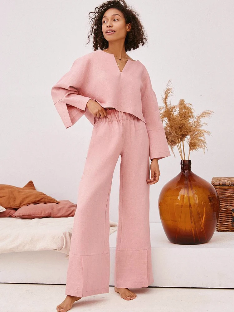 

Linad Loose Pajamas For Women O Neck Long Sleeve Sleepwear Pink 2 Piece Sets Casual Female Trouser Suit Split 2022 Autumn Solid