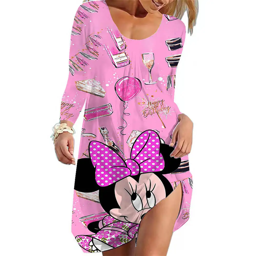 

Women's New Party Summer Sexy Mini Dress Disney Mickey Mouse Print 0 Neck Dress S-5XL Long Sleeve Women's Knee Length Dress