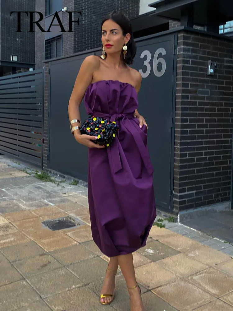 

Элегантное женское платье из тафты с поясом, Повседневное платье средней длины с поясом, TRAF 2023