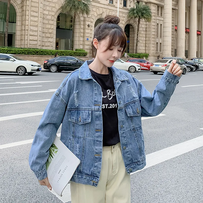 Женская Потертая джинсовая куртка с вышивкой свободная повседневная