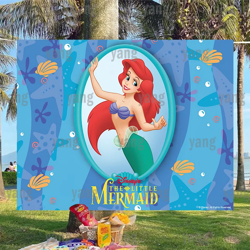 

Disney Blue Ocean The Little Mermaid Backdrop Lovely Newborn Princess Ariel Cartoon Happy Birthday Decoration Background Party
