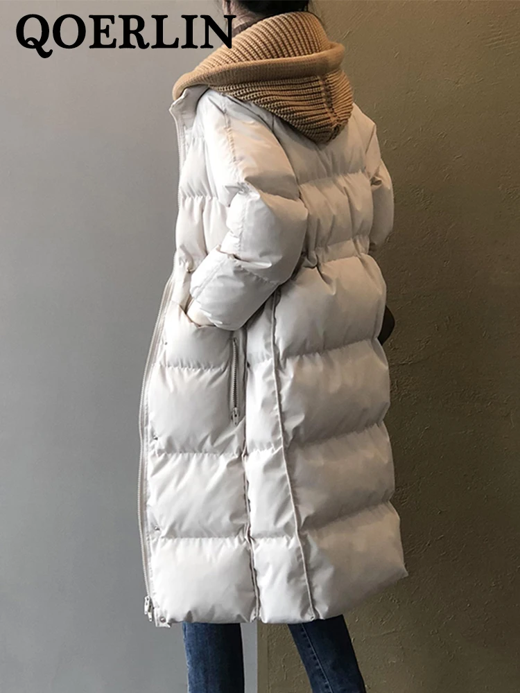 QOERLIN Thicken Hooded Puffer Jacket Coat Winter Women Double Zipper Long Overcoat 2023 New Dress Coat with Pocket