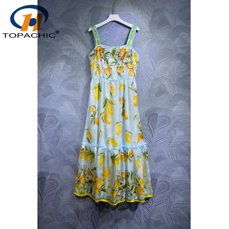 

5.12 High Quality Temperament Sweet Spaghetti Strap Lemon Print Handmade Beading Sequins Diamonds Jacquard Midi Dress Women