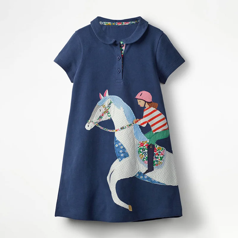 Jumping Meters  New Arrival Girls Dresses With Collar Horse Applique Hot Selling Summer Kids Clothing Short Sleeve Baby Frocks images - 6
