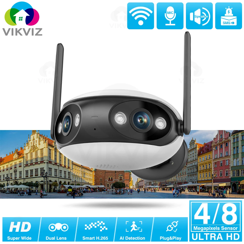 

VIKVIZ HD IP Camera ICsee Dual Lens 2K 4K 2-Way Audio WiFi 180° Ultra Wide View Panoramic IPC 4MP 8MP AI Detect Security Camera