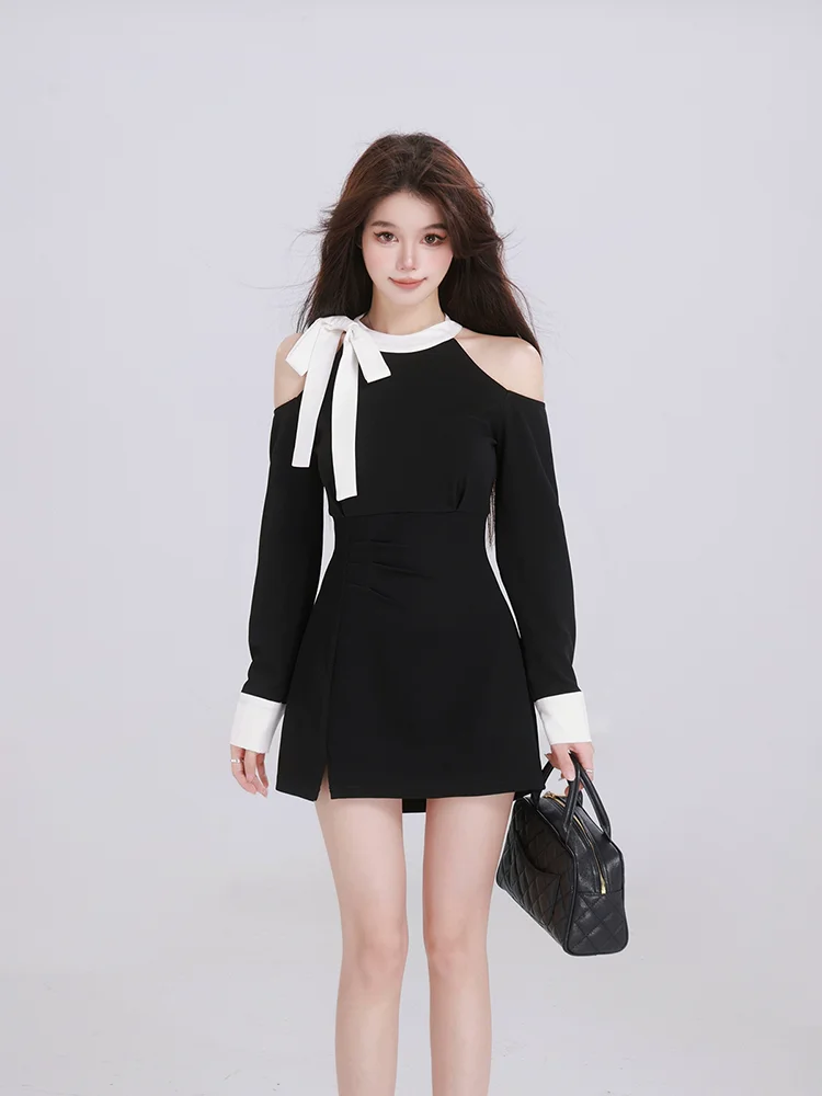French sle Pure Desire Bow off-the-Shoulder Long sleeve dress Women Waist Hugging Temperament Design Sense Black Short Skir...