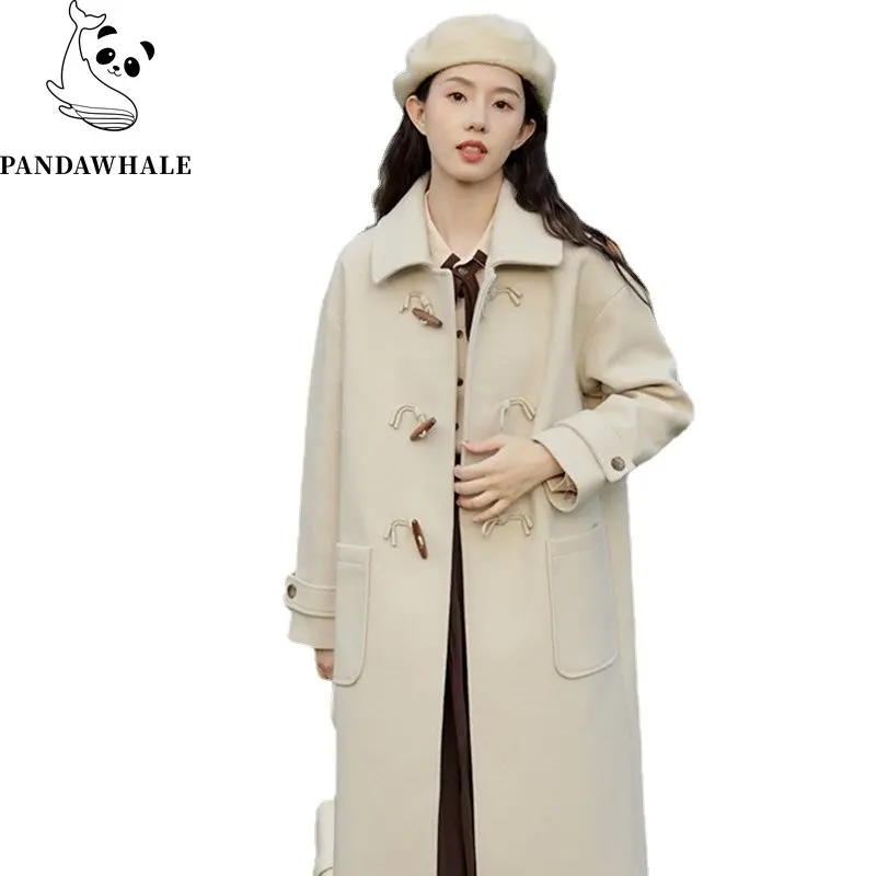 

Horn Button Woolen Jackets Women Mid Long 2023 New Autumn Winter Coat Female Clothing Loose Thicken Preppy Style Parkas Tops