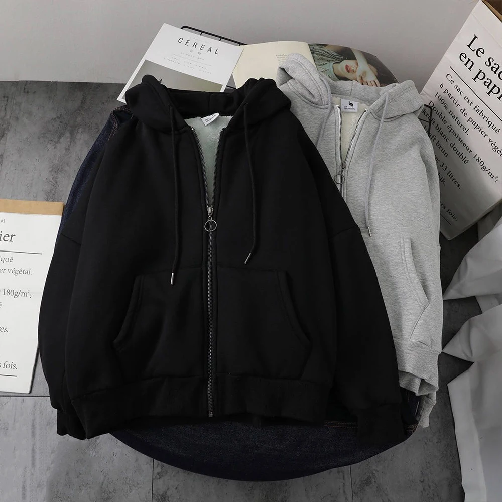 Couple Korean Style Hoody Zip-up Warm Oversized Solid Pocket Hooded Sweatshirts Autumn Long Sleeve Loose Baseball Jacket Summer