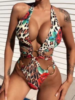 micro leopard bikini women swimsuit push up swimwear wrap bikini set bandage halter metal ring wrap around cut out bathing suit