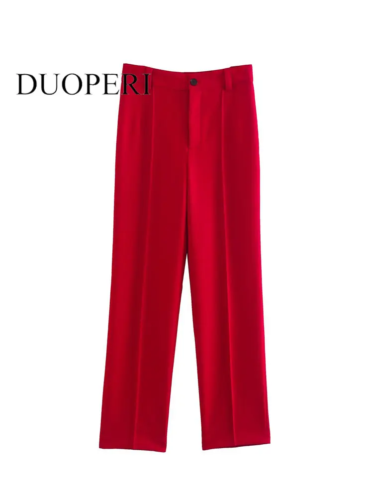 

DUOPERI Women Fashion Solid Front Zipper Trousers Vintage High Waist Female Chic Lady Straight Pants