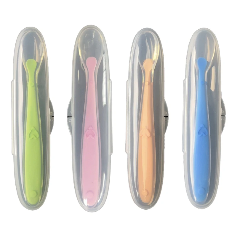 

Детская Мягкая силиконовая ложка с контейнером для хранения, ложка конфетного цвета, детская еда, обучающая кормушка, посуда