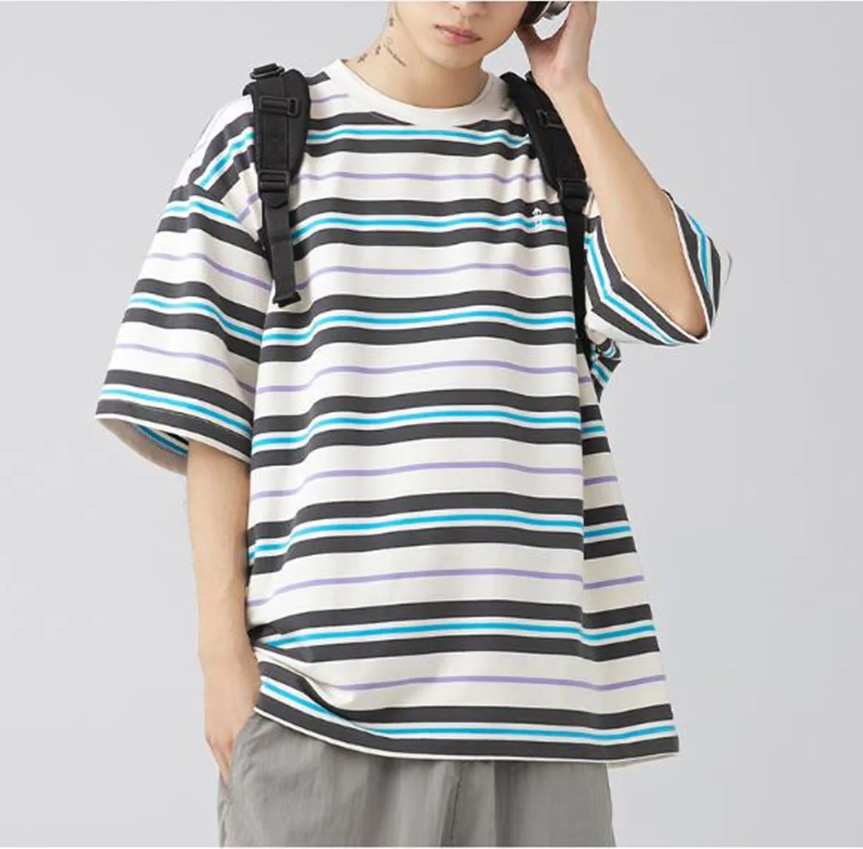 Men Cotton T-Shirt Summer Fashion Solid Color Striped Print Shirt  Casual Street Short Male Tops
