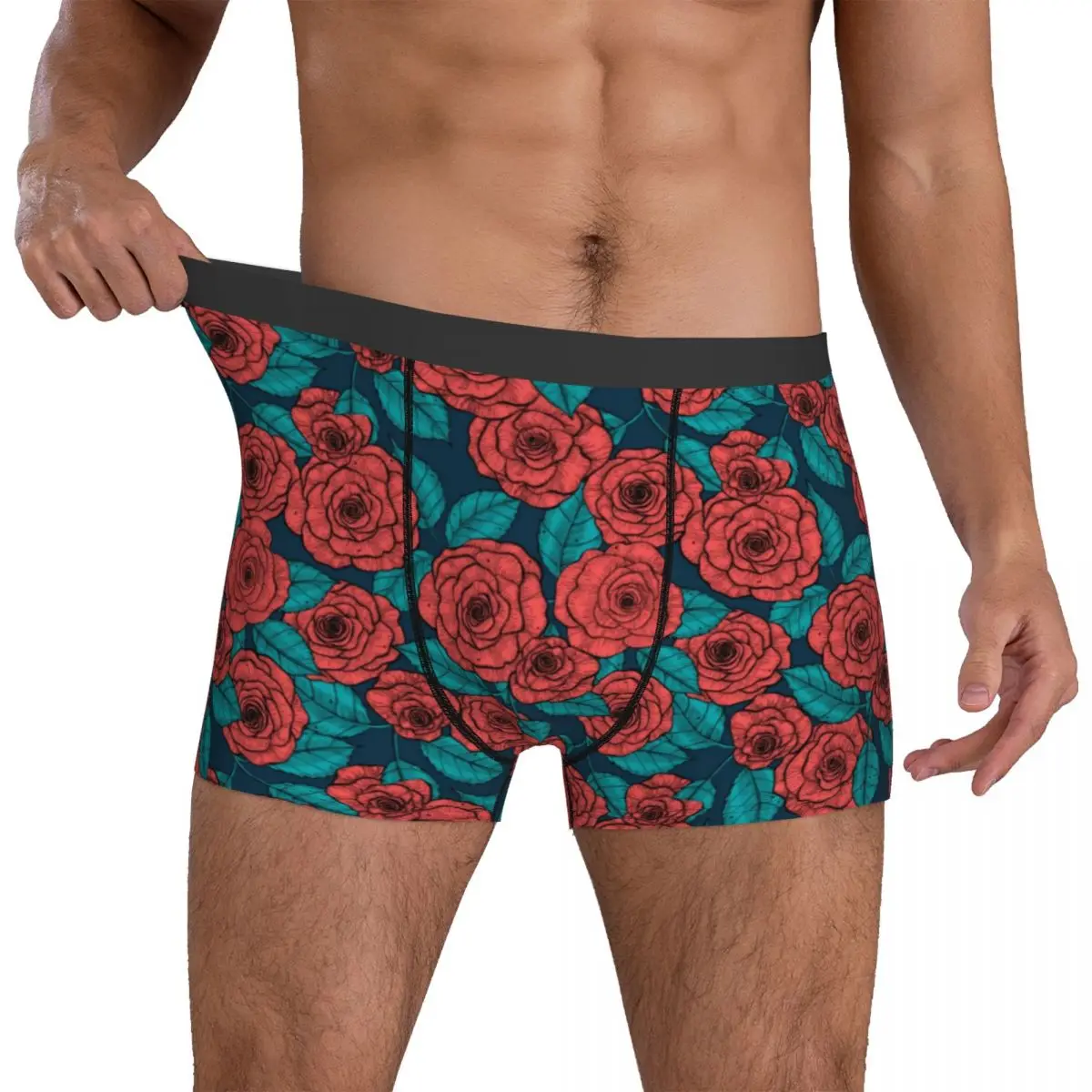 

Red Roses Print Underwear Vintage Flower Men Shorts Briefs Breathable Trunk Trenky Print Plus Size Panties