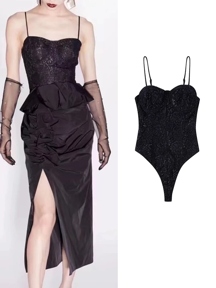 

RDMQ 2023 Spring Summer Newest Women Fashion With Black Lace Bodysuits Vintage Backless Zipper Thin Solid Female Playsuits Mujer